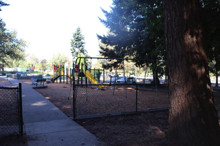 Playground next to the covered picnic shelter and accessible restroom – food, drinks and dogs are prohibited on playground